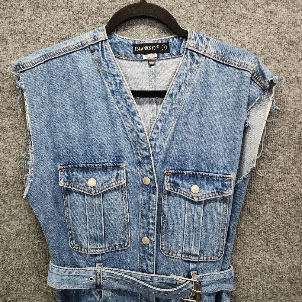 Blank NYC Denim Jumpsuit SMALL Relaxed Fit Belted Cropped Raw Straight Leg‎